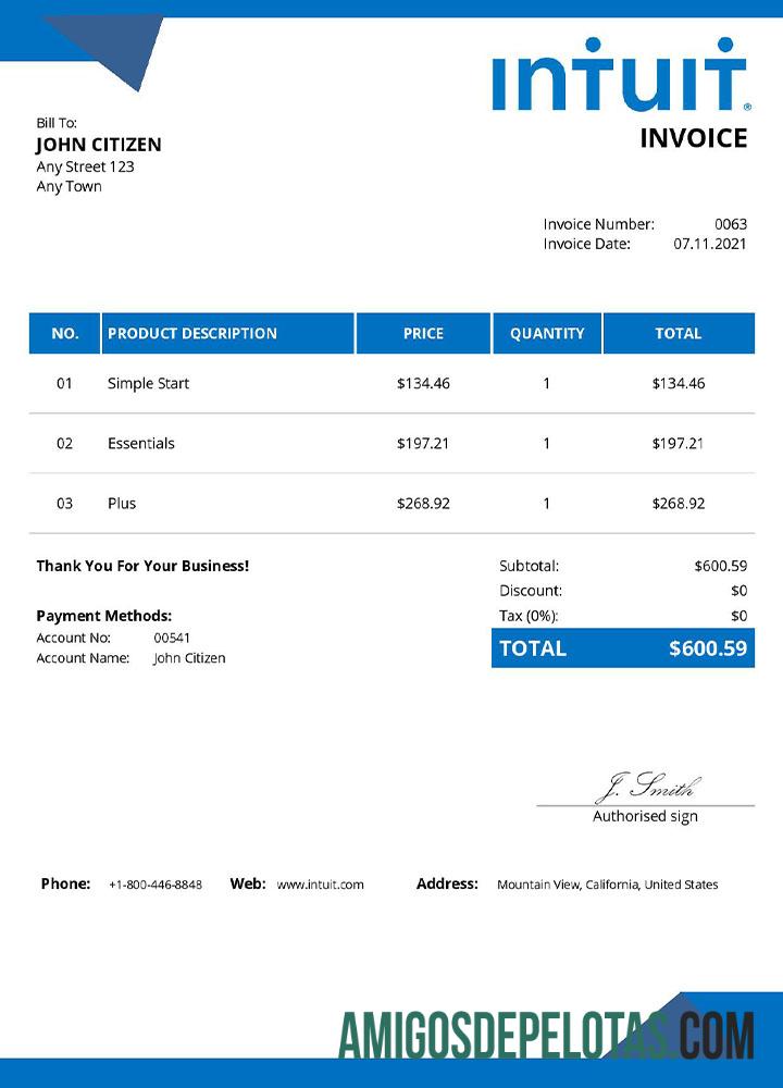 em branco Modelo de fatura Intuit dos EUA